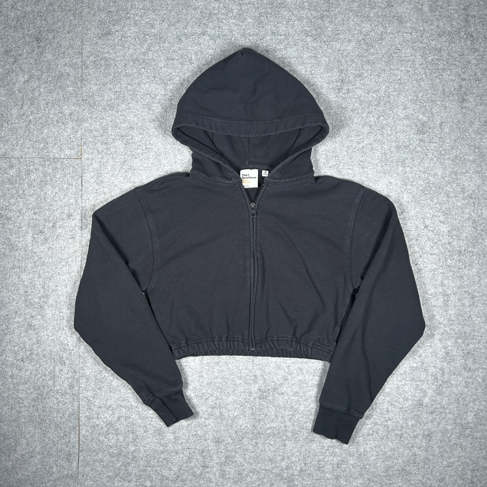 TNA Sweatfleece Terry Fleece Hoodie Womens XS Washed Black Cropped Full Zip